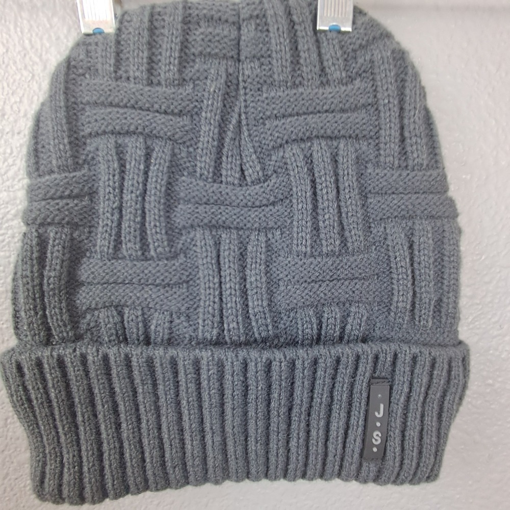 JS Knit Beanie Hat Winter Warm Cable Knit Cuffed Gray Cuffed Brim